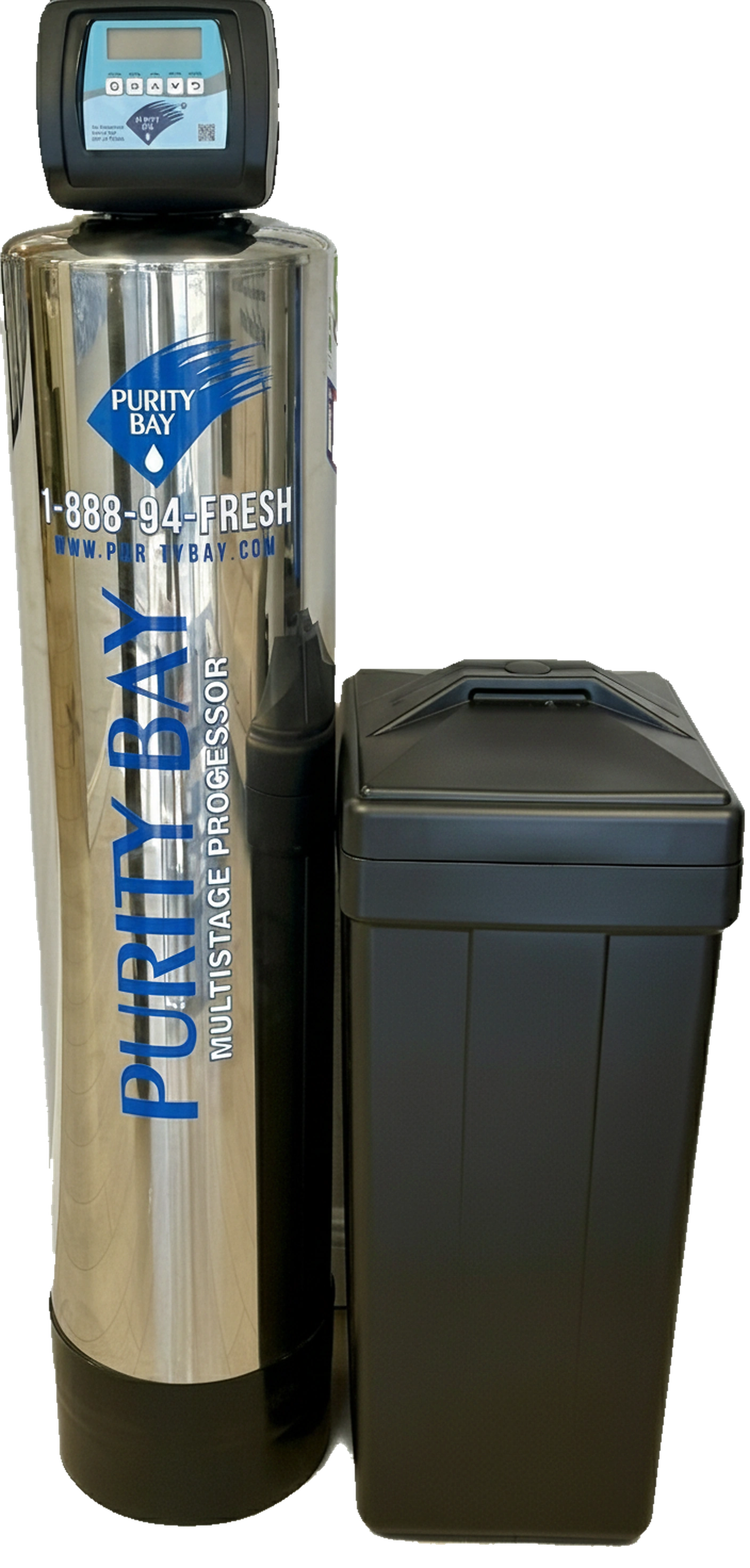 Purity Bay 10X Elite whole home system with stainless treatment tank and black brine tank